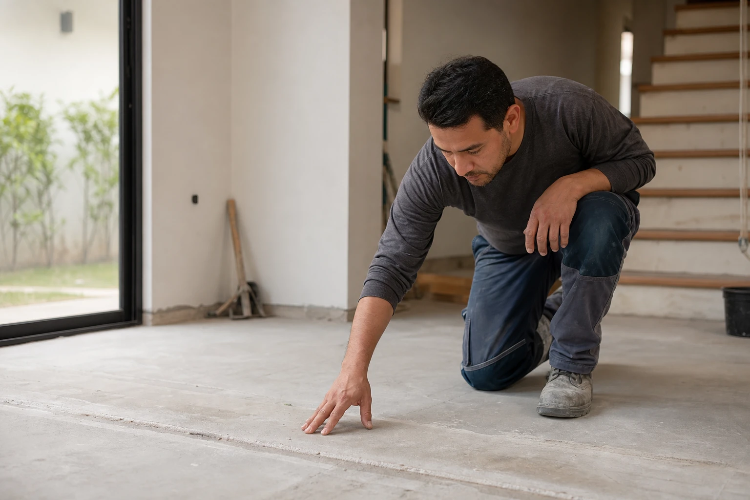 Técnico inspeccionando la base antes de colocar porcelanato